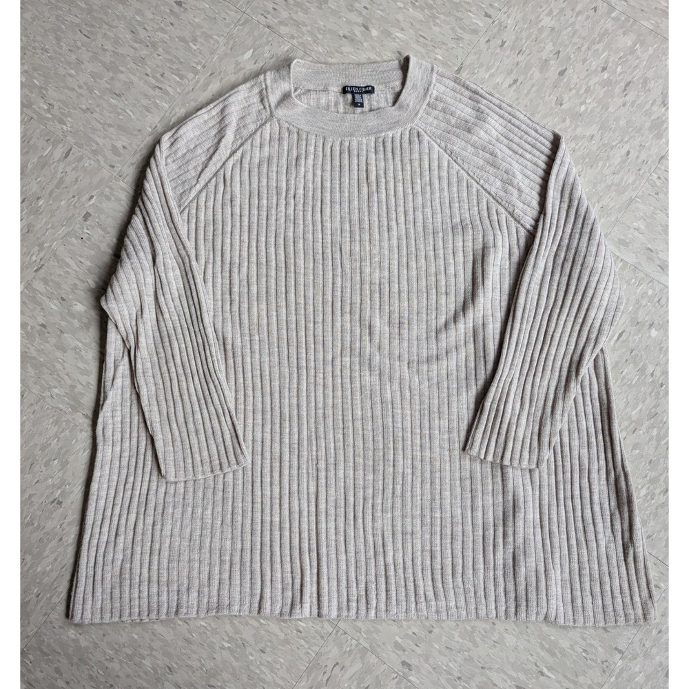 Eileen Fisher Woman 3X Merino Wool Ribbed Sweater Beige Raglan Crew Neck Top